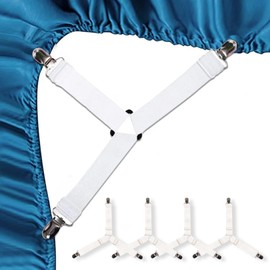 FNSIGHD 4 Pcs Bed Sheet Clips,White Sheet Clips for bedding,Triangle Fitted Sheet Clips,Adjustable Bed Sheet Grippers,Elastic Straps Bedsheet Clip,Anti-Slip Fitted Sheet Straps,for Bedding,Keepers