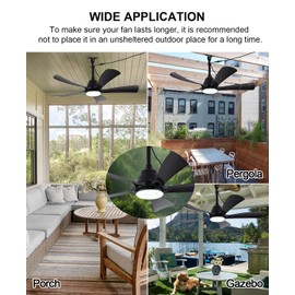 Oaks Aura 42" Outdoor Waterproof Ceiling Fan with 3 Color LED Light,App/Remote Control,Quiet DC Motor,Plug-in Cord Hook Installation,IP65 Gazebo Ceiling Fan with Light for Patios,Pergola,Canopy