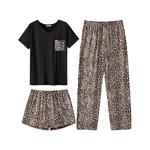 Ekouaer Women's 3 Piece Pajama Set Short Sleeve Sleepwear Pj