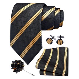 GUSLESON Black Tie for Wedding Mens Gold Striped Necktie Pocket Square Cufflinks and Lapel Pin Brooch Set (6108-45)
