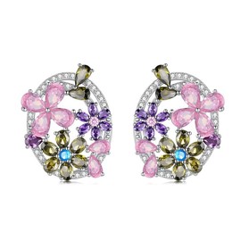 EUSJ 925 Sterling Silver Colorful 5A Cubic Zirconia Double Ellipse Elegant Earrings for Women Gorgeous Gemstone Earrings Gifts for Birthday/Valentine's Day, MM, Sterling Silver, Cubic Zirconia