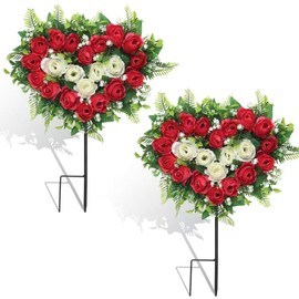 Hibsotco Artificial Cemetery Flowers Wedding Flowers Silk Flowers Artificial Roses Heart Bouquet with Long Spike for Ourdoor Grave Wedding Party Decoration (Red White)