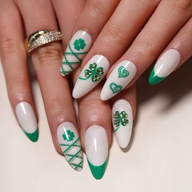 St. Patrick's Day Press on Nails Medium Green Rhinestone Love Four Leaf Clover With Design French Tip Fake Nails Almond Stick On Nails St. Patrick's Day Shamrock Nail Decoration for Women Girls, 24Pcs