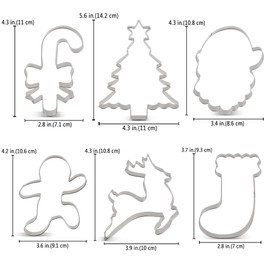 LILIAO Christmas Cookie Cutter Set, 6-pc, Christmas Tree, Santa Face, Running Gingerbread Man, Reindeer, Candy Cane with Ribbon and Stocking Biscuit Fondant Cutters, Stainless Steel