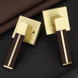 EHOMEWARE 1 Pack Gold Door Lever with Bronze Leather Handle, Brass Interior Door Handle Passage Door Lever for Hallway Closet, Heavy Duty Door Knob with Universal Handling