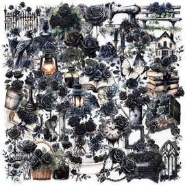 50 PCS Gothic Transparent Stickers - Dark Romance Roses Waterproof PET Stickers Aesthetic for Scrapbooking, Laptops, Water Bottles, Journals, DIY Crafts
