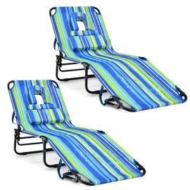 COSTWAY 2PCS Beach Chaise Lounge Chair with Face Hole, Pillows & 5-Position Adjustable Backrest, Portable with Carrying Bag, Folding Tanning Chair for Sunbathing, Blue & Green
