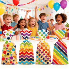 50 Pcs Rainbow Cellophane Treat Bags, Polka Dot Stripes Stars Printed Pattern Mixed Bags, Goodie Candy Favor Bags with Twist Ties for Pride Day, Baby Birthday Party Supplies(5inch x 10inch)