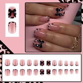Viugex 24Pcs French Tip Press on Nails, Short Square Nude Pink False Nails with 3D Bow and Leopard Design, Elegant Glossy Acrylic Fake Nail, Full Cover Stick on Nails for Women and Girls Daily Wear