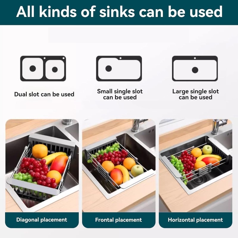 Adjustable Dish Drying Rack with Stainless Steel Drain Basket Over-The-Sink