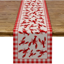Pudodo Crawfish Boil Table Runner Lobster Seafood Boil Themed Buffalo Plaid Check Birthday Kitchen Dining Home Decoration (13" x 90", Red and White)