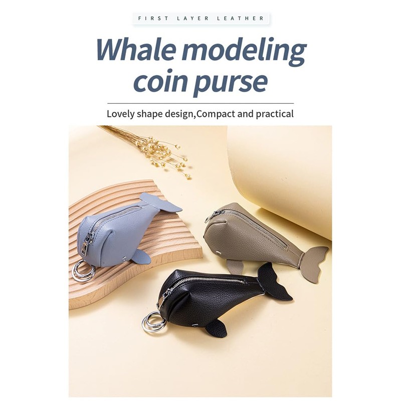 Whale-Shaped Leather Coin Purse Keychain, Cute Animal Pouch for Coins,