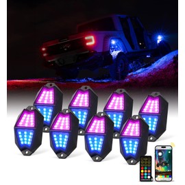 Xprite Rock Lights, 8 Pods Aluminum LED Rock Lights, 220° Wide Angle RGB Rocker Light with APP/RF Remote Control Chasing Effect, Music Sync & Turn Brake Signals Compatible with Trucks, Jeeps, UTV, ATV