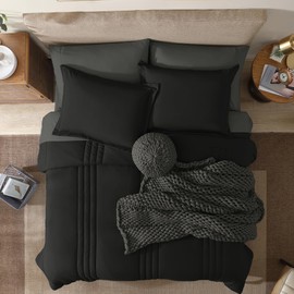 Monbix California King Size Comforter Set - 7 Pieces Bed in a Bag California King, Black Bedding Sets with Comforter, All Seasons Down Alternative Comforter Bed Set with Sheets, Pillowcases & Shams