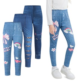 3 Pack Girls Jeggings Imitation Denim Print Leggings Girl's Stretchy Leggings Kids High Waist Slim Pants for Girls Size 7 Size 8