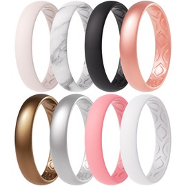 ThunderFit - Alianza de boda de silicona para mujer, transpirable, con ranuras de aireación, 4 mm de ancho, 1.5 mm de grosor, 12 anillos/8 anillos/4 anillos/1 anillo, Mujer, bronce, blanco, oro rosa, plata, rosa claro, mármol, negro, rojo tenue., 11.5 - 