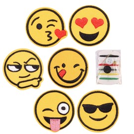 Embroidered Patches, 6 Pieces Smile Face Iron on Patches with Sewing Kit, Yellow Smile, Cute Cheerful Face Patches for Clothes, Jeans, Bags, Hat, Crafts, Decoration, DIY Accessories