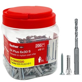 fischer Propack SX Plus 6 S, 200 Dowels 6 x 30 with Screw + SDS Drill Bit 6 mm, Reusable, for Fixing on Concrete and Masonry 570206
