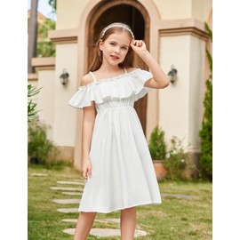 Arshiner Girls Summer Floral Ruffle Sundress Cold Shoulder Casual Holiday Dresses White