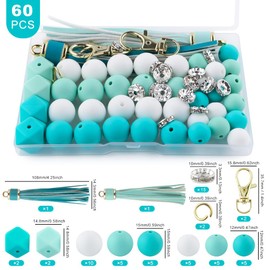 Sunrony 60Pcs Mixed Turquoise Mint White Tassels Keychains Rhinestone Spacer Round Hexagon Silicone Beads for Keychain Making and Necklace Bracelet, 12mm 14mm 15mm Silicone Beads for Pens Crafts