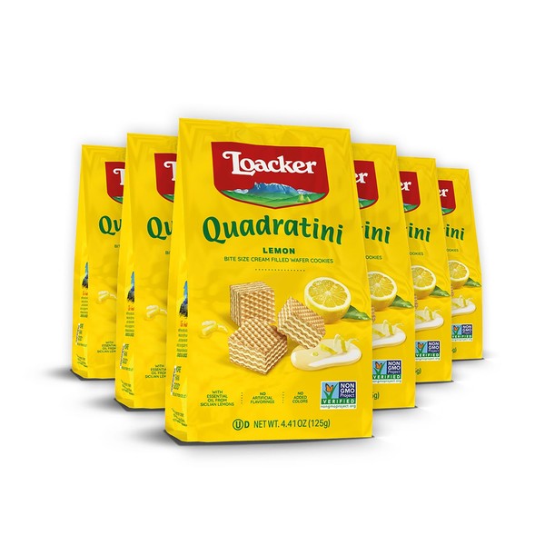 Loacker Quadratini Lemon Wafer Cookies SMALL - 30% Less Sugar - Premium Crispy Bite Size Wafers with Lemon Cream Filling - Resealable Pack - NON-GMO - Fresh and Sustainably Sourced Lemons from Sicily, Italy - SMALL Snack Bag, 125g/4.41oz, Multipack of 6