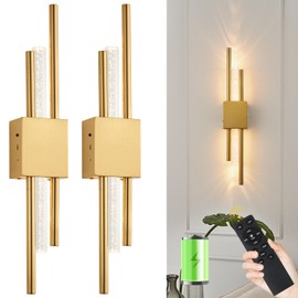 BCGMYLN Battery Operated Wall Sconces Set of Two, Rechargeble Modern Crystal Bathroom Wall Sconces, 3000K-6000K Dimmable Gold LED Wireless Wall Lights for Vanity Bedroom Living Room Hallway 19.7in