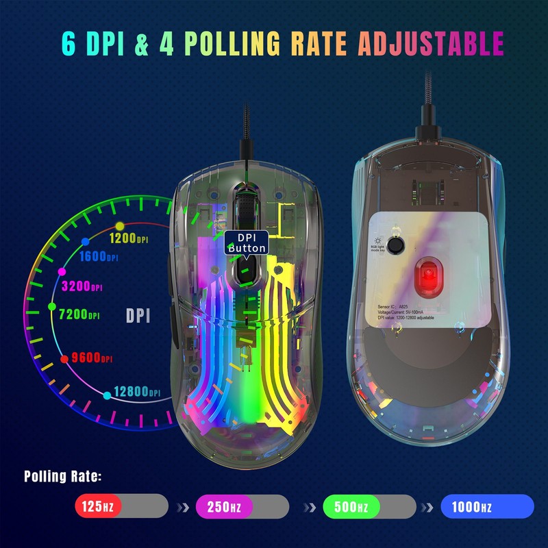 Wired Mouse Transparent Shell RGB Backlit Adjustable DPI Programmable Keys