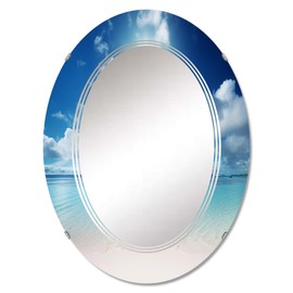 DesignQ Nautical & Beach wall mirror, Oval Nautical & Coastal mirror, Round Blue bathroom mirror, Coastal Beach vanity mirror Caribbean Sea with Sandy Shore II printed mirror decor, oval mirror 20x30