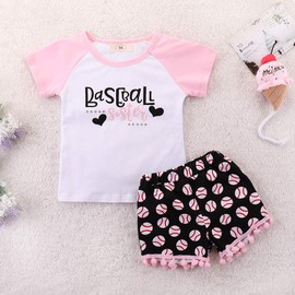 BOIZONTY Toddler Baby Girl Summer Outfits Baseball Sister Print T-Shirts Tops + Tassel Shorts Two Piece Clothes Set
