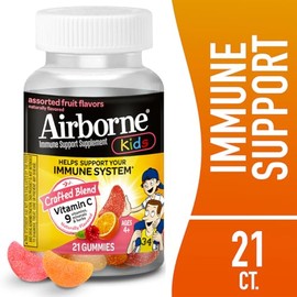 Airborne Airborne 500mg Vitamin C + Zinc Immune Support Supplement Gummies for Kids, Assorted Fruit Flavor, Gluten Free Crafted Blend with Powerful Antioxidants Vitamins C & E, 21 Gummies (3 Pack)
