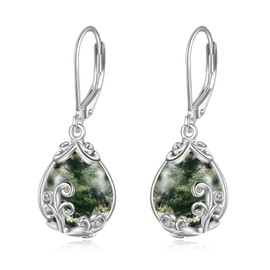 POPLYKE Moss Agate Filigree Teardrop Drop Dangle Earrings Sterling Silver Leverback Earrings Jewelry for Women