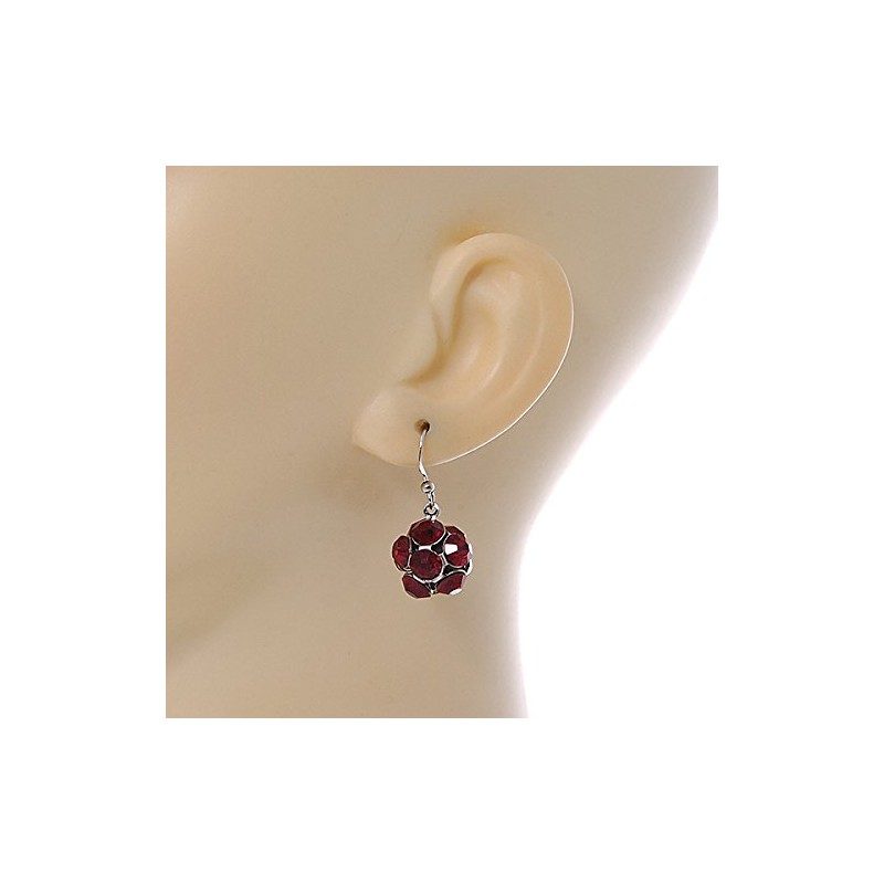 Ruby Red Crystal Ball Drop Earrings In Silver Tone -