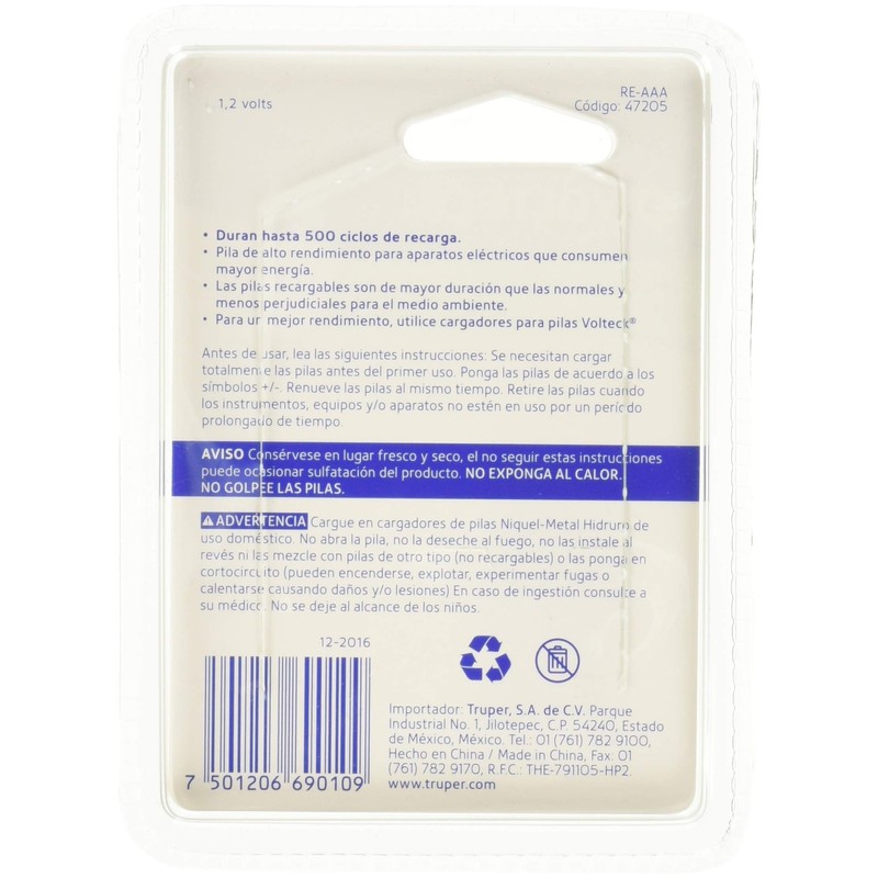 Volteck RE-AAA, Pilas recargables, larga duración, AAA, 1, 000 mAh,