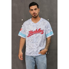 Men's Los Diablos Mexico Baseball Jersey Newspaper Print Style with Bold Red Front Logo and Light Blue Sleeve Stripes (US, Alpha, Large, Regular, Regular, White Blue Stripe)