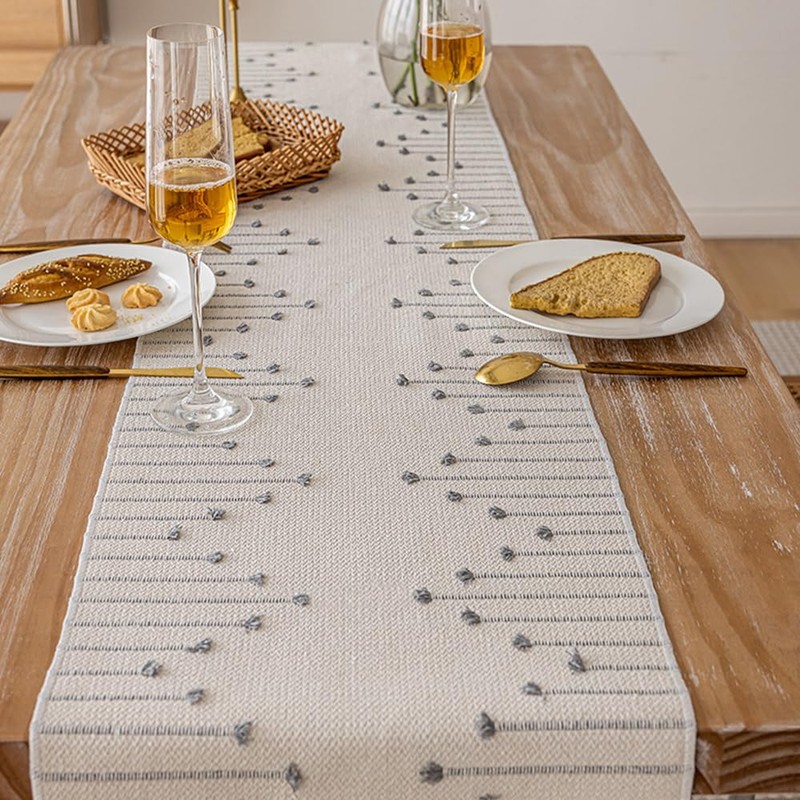 Boho Table Runner, Natural Cotton Woven Runner with Tassels Fall