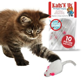 Kats'N Us Real Rabbit Fur White Mouse Cat Toy - NO Rattle Sound - Interactive Cat Toys, Real Fur Mice, 10 Pack White, NO RATTLE