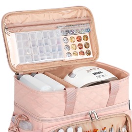 HOMEST Double Layer Nail Polish Organizer Hold 80 Bottles (15ml/0.5 fl. oz) and a Nail Lamp, Nail Polish Case with 2 Removable Pouches, Storage Bag for Manicure Tools, Pink (Bag Only)