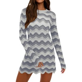 YUNLORIA Women's Crochet Colorful Mesh Summer Long Sleeve Cover Ups Casual Striped Beach Wear Knit Mini Dresses