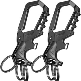 Kivssi Heavy duty metal keychains, Carabiner clip Car key chains,Fashion family keychain bottle opener and 3 Key Rings suitable for men and women.(Black-2pcs)