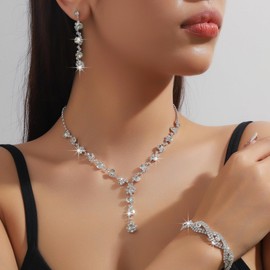 Costume Jewelry for Women Prom Earrings Necklace Bracelet Set Elegant Crystal Necklace Earrings Bracelet Bridal Wedding Prom Costume Jewelry Sets Birthday Gifts for Women（3pcs Silver）