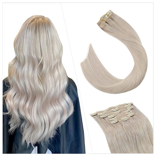 Ugeat 24 inch Full Head Silky Straight 100% Human Hair Clip in Extensions #60A White Blond Double Weft Extensions Clip in Extensions Natural Hair 7Pieces 100g