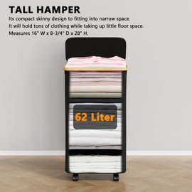 SpaceAid Slim Laundry Hamper with Wheels and Lid,62L Rolling Narrow Clothes Basket with Bamboo Handle, Large Laundry Hamper for Bedroom, Bathroom, Dorm, Laundry Room - Black