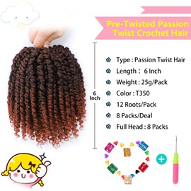 Fulcrum Passion Twist Hair 6 Inch, 8 Packs Passion Twist Crochet Hair for Black Women, Prelooped Crochet Twist Hair with Curly Ends (6Inch, T350#)