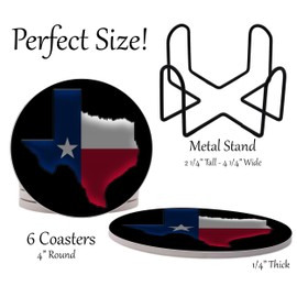 Texas State Flag Round Coasters Set of 6 - Abosrbent Ceramic with Metal Stand for Drinks, Coffee, Non-Slip Cork Back for Tabletop Protection, 4 Inches (Outline)