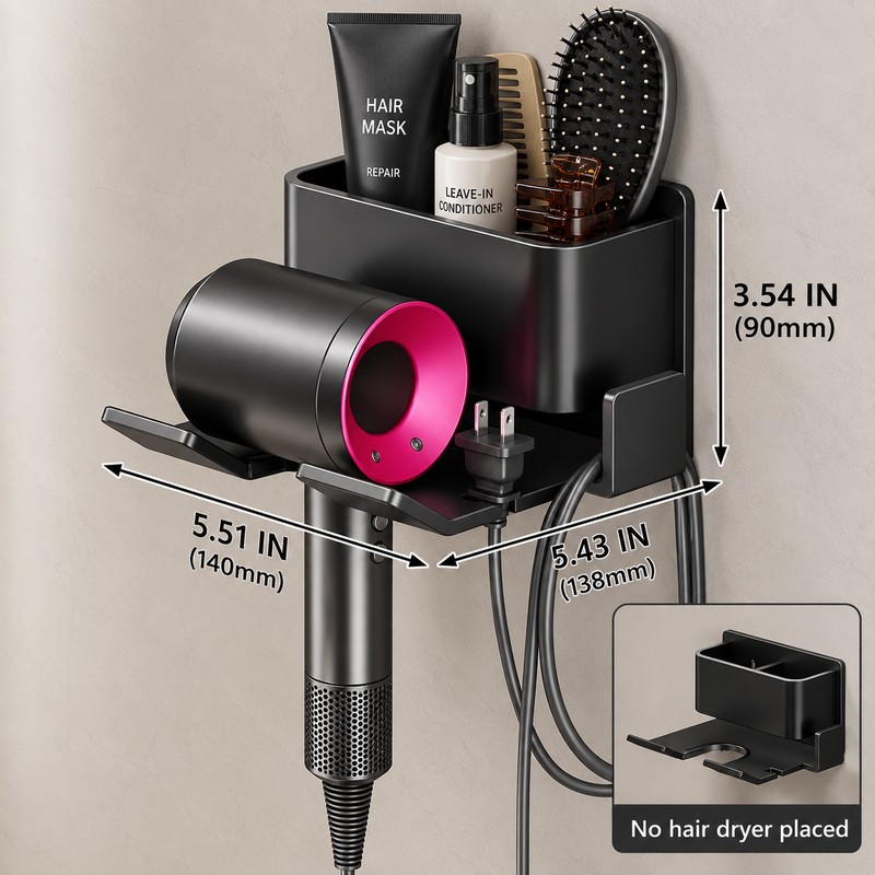 Wall-Mounted Hair Dryer Holder for Bathroom Organization – No-Drill Aluminum