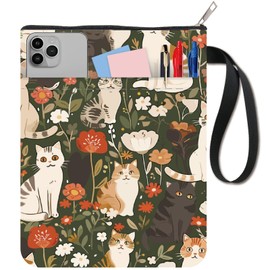 craspire Book Covers with Cat Motif, Book Protector with Flower Motif, Plant Book Cover for Paperbooks, Washable Fabric Book Cover with Zip and Additional Sleeve Pocket, Book Lovers