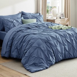 Bedsure California King Comforter Set Slate Blue - Bed in a Bag California King 7 Pieces, GentleSoft™ Pintuck Bed Set Gift for Family, Pinch Pleat Slate Blue Comforter with Sheets, Pillowcases & Shams