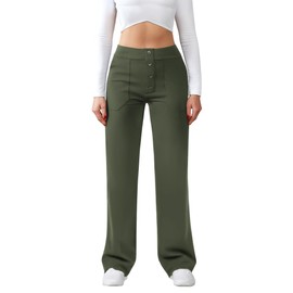JEKAOYI Womens Casual High Waist Straight Leg Pants Stretchy Button Business Dress Work Pocket Trousers Olive-Green