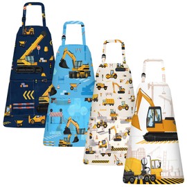 PLULON 4 Pcs Aprons with Pockets Painting Apron for Kids, Kids Apron Adjustable Strap Engineering Vehicles Bulldozer Excavator Truck Apron for Painting Cooking Baking Girls Boys, 3-8 Years