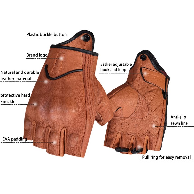 Harssidanzar Mens Gloves Half Finger Goatskin Leather Motorcycle Gloves GM037UK,